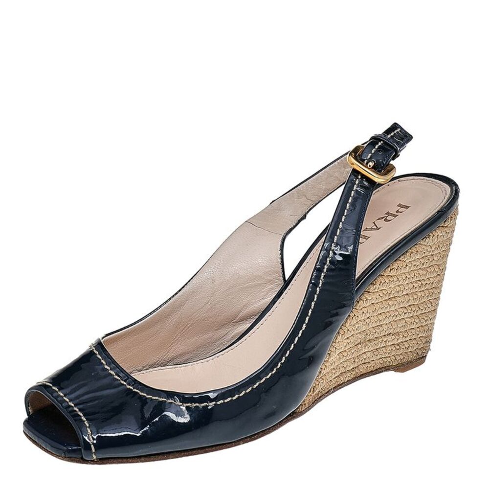 Prada Navy Blue Patent Leather Peep Toe Wedges Espadrilles Slingback Sandals